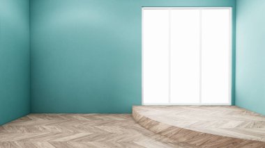 Ahşap zemin iç dizaynında boş oda nanesi. 3B görüntüleme