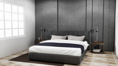 Yatak odası Japon tarzı, modern beyaz duvar ve ahşap zemin, oda minimalisti. 3B görüntüleme