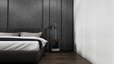 Yatak odası Japon tarzı, modern beyaz duvar ve ahşap zemin, oda minimalisti. 3B görüntüleme