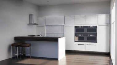 Mutfak odasındaki beyaz tonlu fayanslar modern 3D görüntüleme