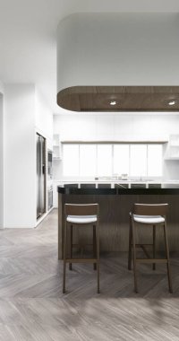 Set mutfağındaki Mockup White Kitchen barı modern tarzda