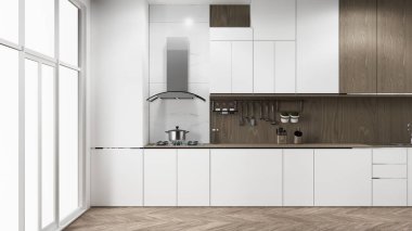 Set mutfağındaki Mockup White Kitchen barı modern tarz beyaz ve ahşap konsept. 3d oluşturma