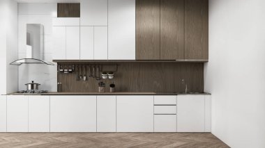 Set mutfağındaki Mockup White Kitchen barı modern tarz beyaz ve ahşap konsept. 3d oluşturma