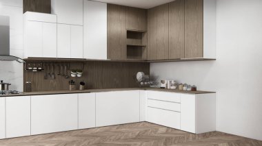 Set mutfağındaki Mockup White Kitchen barı modern tarz beyaz ve ahşap konsept. 3d oluşturma