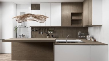Set mutfağındaki Mockup White Kitchen barı modern tarzda