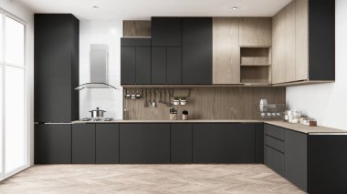 Boş konsept mutfak sahnesi modeli ve mutfak tasarımını ayarla. 3d oluşturma