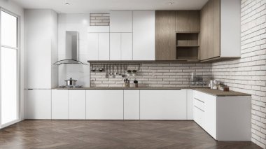 Beyaz tuğla duvar modern çatı katı tarzı mutfak.