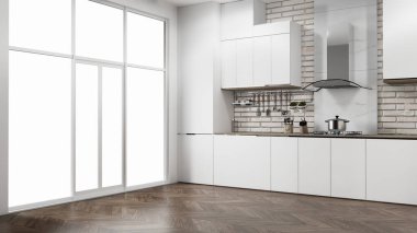 Beyaz tuğla duvar modern çatı katı tarzı mutfak.