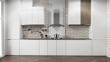Beyaz tuğla duvar modern çatı katı tarzı mutfak.