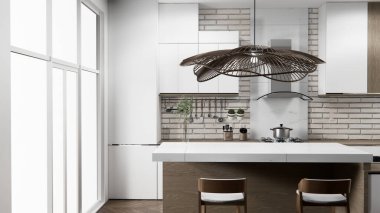 Beyaz tuğla duvar modern çatı katı tarzı mutfak.