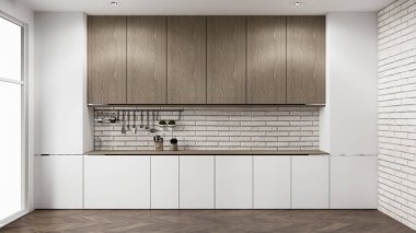 Beyaz tuğla duvar modern çatı katı tarzı mutfak.