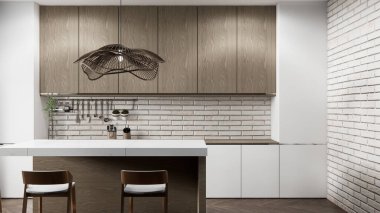 Beyaz tuğla duvar modern çatı katı tarzı mutfak.