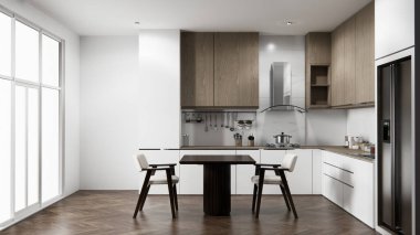 Set mutfağındaki Mockup White Kitchen barı modern tarzda
