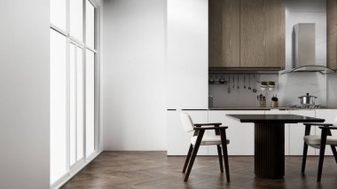 Set mutfağındaki Mockup White Kitchen barı modern tarzda