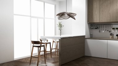Set mutfağındaki Mockup White Kitchen barı modern tarzda