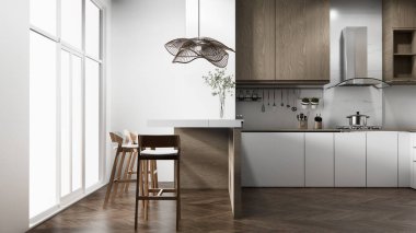 Set mutfağındaki Mockup White Kitchen barı modern tarzda