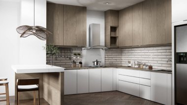 Beyaz tuğla duvar modern çatı katı tarzı mutfak.