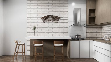 Beyaz tuğla duvar modern çatı katı tarzı mutfak.