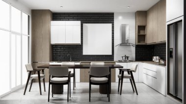 Mutfak tezgahında siyah tuğla tasarımı modern çatı katı tarzı modelleme ve mutfak tasarımı seti. 3d oluşturma