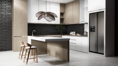 Mutfak tezgahında siyah tuğla tasarımı modern çatı katı tarzı modelleme ve mutfak tasarımı seti. 3d oluşturma