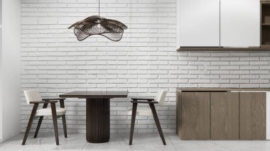 Beyaz tuğla duvar modern çatı katı tarzı mutfak.