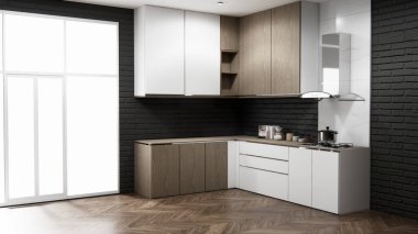 Mutfak tezgahında siyah tuğla tasarımı modern çatı katı tarzı modelleme ve mutfak tasarımı seti. 3d oluşturma