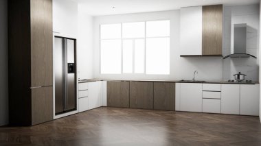 Mutfak modern şekilli, boş mutfak odası. 3d oluşturma