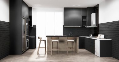 siyah set mutfak modern stil siyah ve ahşap konsept. 3d oluşturma