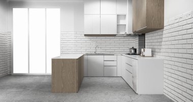 Beyaz tuğla duvar modern çatı katı tarzı mutfak.