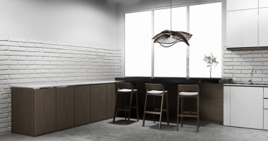 Mutfak tezgahında beyaz tuğla duvar modern çatı katı tarzı mutfak tezgahı ve mutfak tasarımı. 3d oluşturma