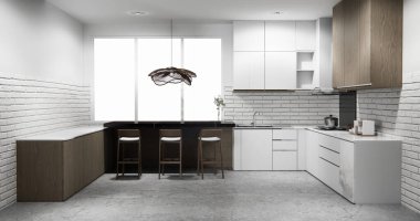 Mutfak tezgahında beyaz tuğla duvar modern çatı katı tarzı mutfak tezgahı ve mutfak tasarımı. 3d oluşturma