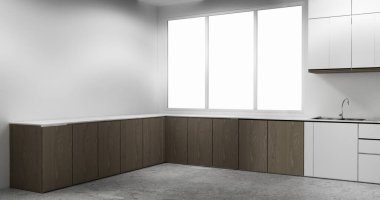 Set mutfağındaki Mockup White Kitchen barı modern tarz beyaz ve ahşap konsept. 3d oluşturma