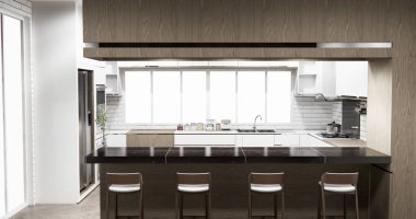 Set mutfağındaki Mockup White Kitchen barı modern tarzda