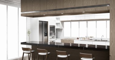Set mutfağındaki Mockup White Kitchen barı modern tarzda