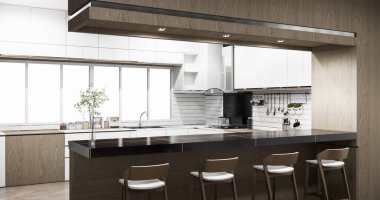 Set mutfağındaki Mockup White Kitchen barı modern tarzda