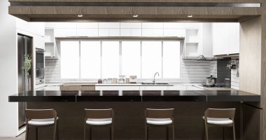 Set mutfağındaki bar modern tarz beyaz ve ahşap konsept. 3d oluşturma