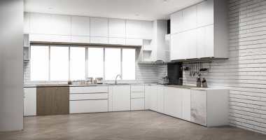 Beyaz tuğla duvar modern çatı katı tarzı mutfak.