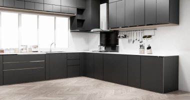 siyah set mutfak modern stil siyah ve ahşap konsept. 3d oluşturma