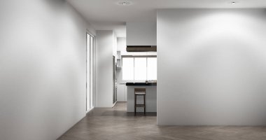 Set mutfağındaki Mockup White Kitchen barı modern tarzda