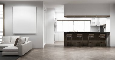 Set mutfağındaki Mockup White Kitchen barı modern tarzda