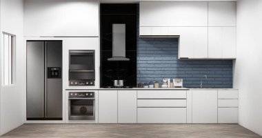 Gri Muji mutfak odası modern tarz minimal iç mekan 3D görüntüleme