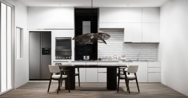 Japon usulü yemek odası, uzun masa ve Japon yapımı ahşap sandalyeler.