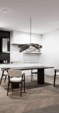 Japon usulü yemek odası, uzun masa ve Japon yapımı ahşap sandalyeler.