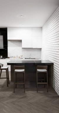 Japon usulü yemek odası, uzun masa ve Japon yapımı ahşap sandalyeler.