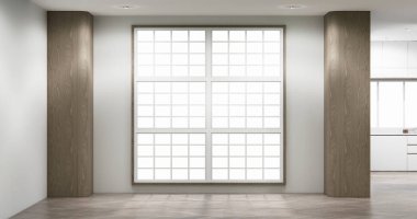 Ahşap duvarlı beyaz duvarlı boş bir oda. 3d oluşturma