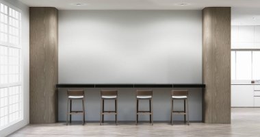 Japon usulü yemek odası, uzun masa ve Japon yapımı ahşap sandalyeler.