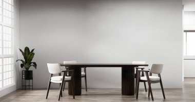 Japon usulü yemek odası, uzun masa ve Japon yapımı ahşap sandalyeler.