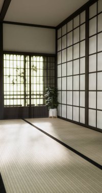 Nihon oda tasarımı, kapı kağıdı ve dolap raf duvarı, Tatami paspas odası japon tarzı. 3B görüntüleme