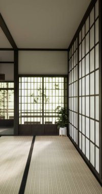 Nihon oda tasarımı, kapı kağıdı ve dolap raf duvarı, Tatami paspas odası japon tarzı. 3B görüntüleme