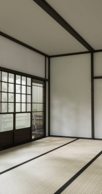 Nihon oda tasarımı, kapı kağıdı ve dolap raf duvarı, Tatami paspas odası japon tarzı. 3B görüntüleme